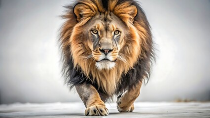 Obraz premium Closeup portrait of a fierce male lion with a full mane, intensely focused and walking forward in a wintery, icy landscape