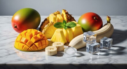 A vibrant still life arrangement showcasing fresh, colorful tropical fruits and ice cubes.