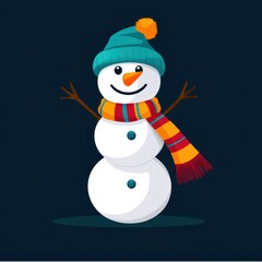 Cheerful Snowman in Winter Hat and Colorful Scarf on Dark Background