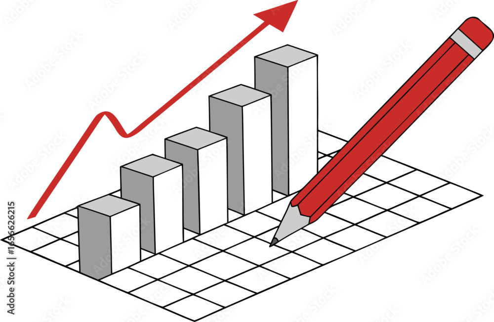 Poster vector art of a bar graph showing growth with an upward trending arrow and a pencil isolated on whit