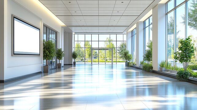 Bright, modern office hallway with large windows