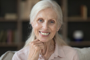 Aging with confidence. Head shot beautiful grey haired elderly female retiree touching chin in...