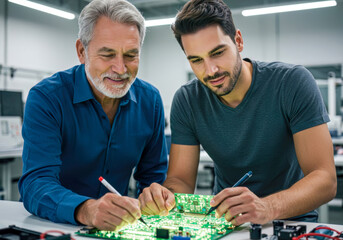 Experienced Engineer Mentoring Young Technician on Circuit Board Design and Testing in a Modern Electronics Lab