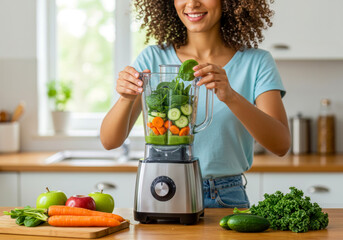 Smiling Woman Adds Fresh Vegetables to Blender for Healthy Smoothie, Embracing Wellness Lifestyle at Home