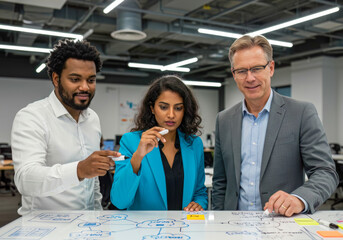 Multicultural Team of Business Colleagues Actively Engaged in Strategic Planning at a Whiteboard in a Contemporary Office.