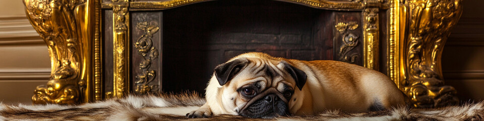Fototapeta premium King pug resting calmly on fur rug near an old golden fireplace