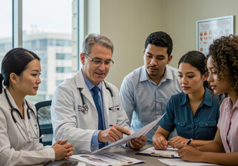 Experienced Doctor Mentors Diverse Medical Students and Professionals in a Collaborative Healthcare Discussion in a Modern Clinic Setting.