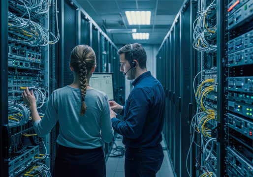 Two IT professionals, a male engineer and a female technician, collaboratively managing server racks and complex network infrastructure within a modern data center.
