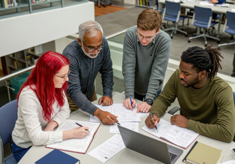 Diverse team of students and professionals collaborates on project, working diligently at a library study table in a dynamic learning environment.