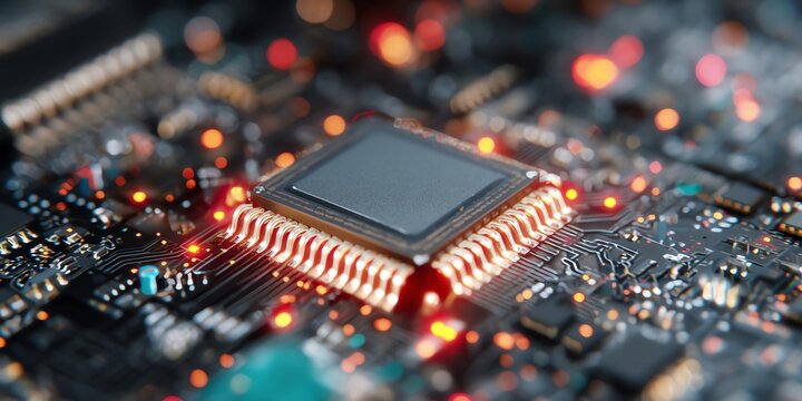 Close-up of a microprocessor on a circuit board.