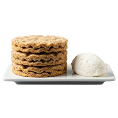 Three golden-brown Norwegian knekkebr&oslash;d with whole grain texture, stacked on a white ceramic plate with a dollop of fresh cream cheese, transparent studio background. Appetizing gourmet food appeal