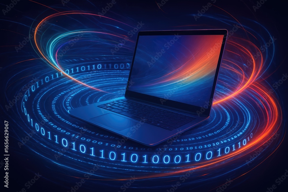 Aufkleber laptop computer surrounded by a swirling vortex of binary code and light trails technology digital