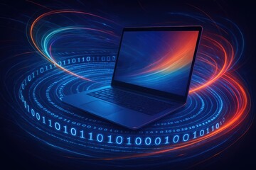Laptop computer surrounded by a swirling vortex of binary code and light trails technology digital
