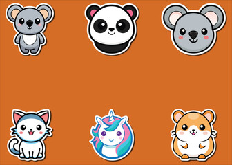 Obraz premium cute kawaii cartoon animal sticker pack on orange background
