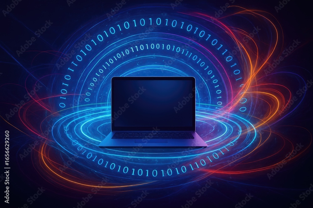 Aufkleber laptop surrounded by glowing digital binary code data streams and orbits computer technology