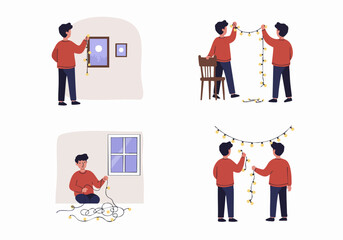 Festive home decorating with string lights, teamwork, and problem-solving illustrated in various scenes.