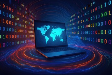Laptop with world map screen surrounded by colorful binary code and digital data streams computer global