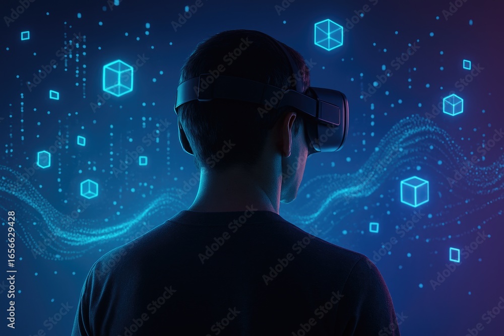 Poster man wearing vr headset surrounded by glowing digital cubes and data streams virtual reality