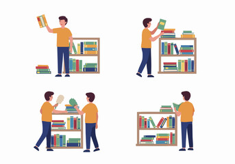 Engaging with knowledge: A set of illustrations showing a man reading, organizing, and interacting with books and a bookshelf.