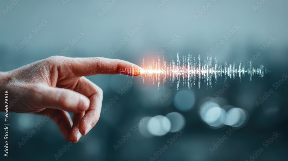 Poster a hand reaching towards a sound wave representation, symbolizing the connection between touch and au