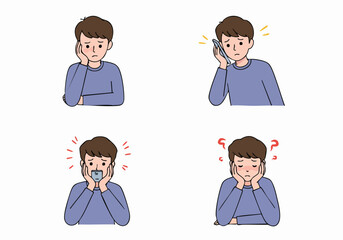 Illustrations of a young man experiencing stress, anxiety, and confusion, with various emotional expressions and mobile phone interactions.