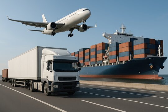 Multimodal transportation with airplane cargo ship and truck on road logistics aircraft