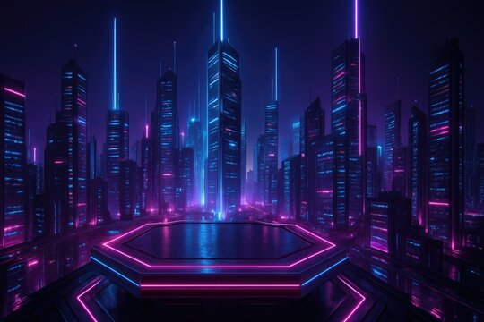 Neon Cyberpunk Cityscape with Octagonal Platform and Glowing Beams at Night image photo
