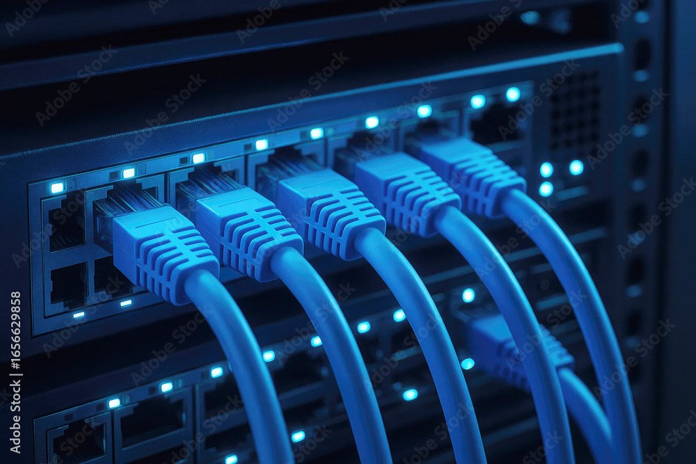 Poster network server rack with multiple blue ethernet cables plugged into ports with illuminated lights im