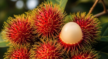 Close-up view of several ripe rambutan fruits, one peeled, showing the edible flesh.