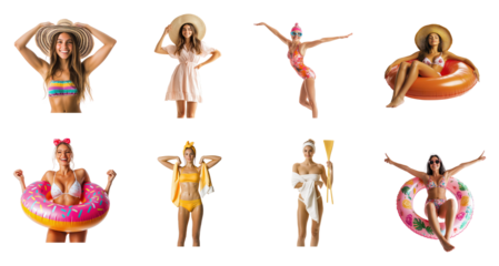 Collection of woman playfully holding a beach hat, smiling Ready for a sunny day. full length isolate on transparent background