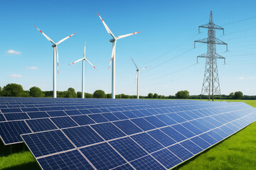 Renewable energy farm with solar panels and wind turbines under a blue sky clean energy green energy