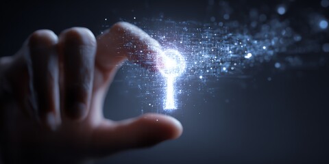 Hand reaching for a glowing digital key.