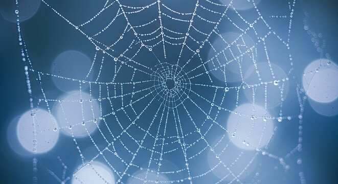 Dew-Kissed Spiderweb: Intricate Design Against Soft Blue Bokeh Backdrop - Powered by Adobe