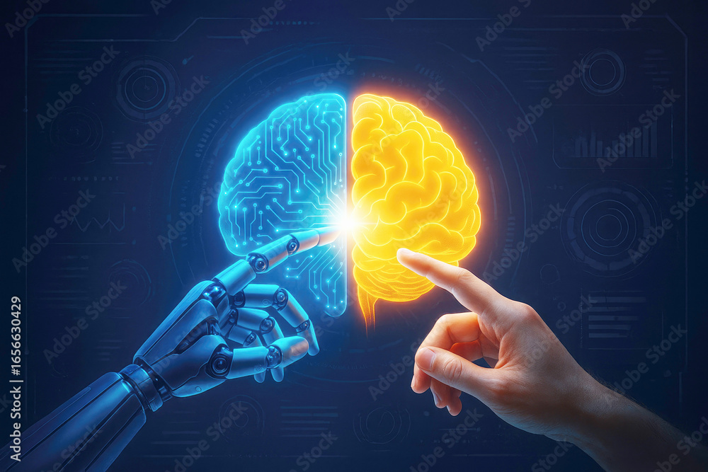 Poster robot and human hands touching a glowing brain split between digital circuits and organic matter art