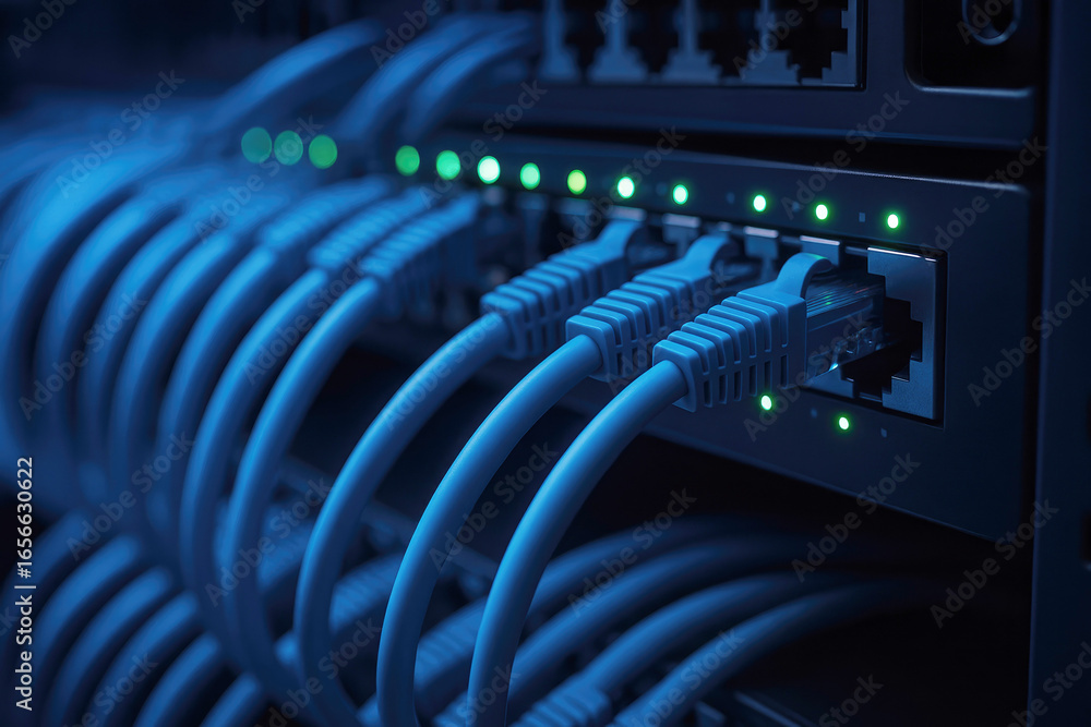 Aufkleber rows of blue ethernet cables connected to a network switch with multiple green lights active interne