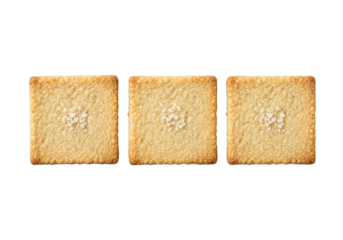 Three uniformly shaped golden-beige gluten-free almond flour crackers with sea salt on a seamless transparent background, 45-degree studio shot, concept of culinary purity and excellence