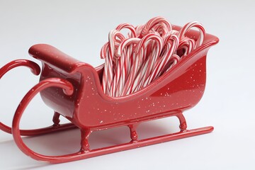 A bright red sleigh sits on a plain surface, filled with numerous candy canes featuring classic red and white stripes. This festive decoration evokes the spirit of holiday cheer.
