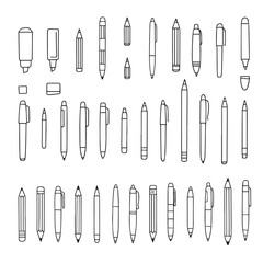  Vector illustration showcasing various pen and pencil outlines in different styles. Includes a range of writing instruments like ballpoints, fountain pens, mechanical pencils, and markers.