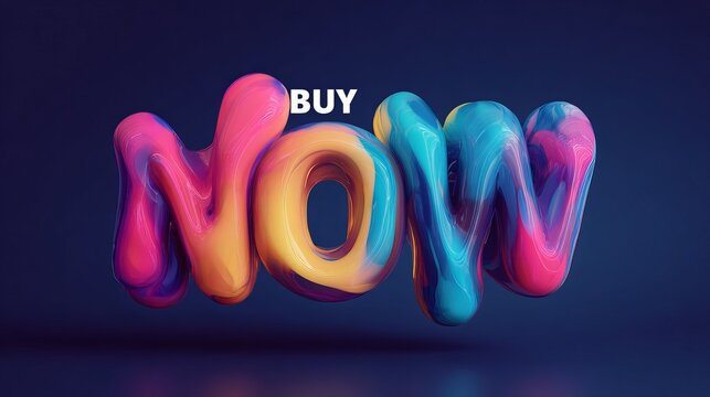 Bold, colorful 3D letters spell out a purchasing prompt, illustrated in swirling bright colors against a deep blue background. The playful style draws attention and encourages immediate action.