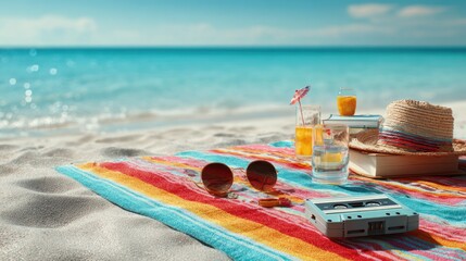 Beachside Serenity: Capturing the essence of a perfect day, a vibrant striped towel holds a refreshing array of summertime essentials, including a pair of sunglasses, beverages, and a cassette tape.