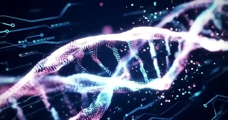 Abstract dna double helix structure with glowing particles on a dark background - Powered by Adobe