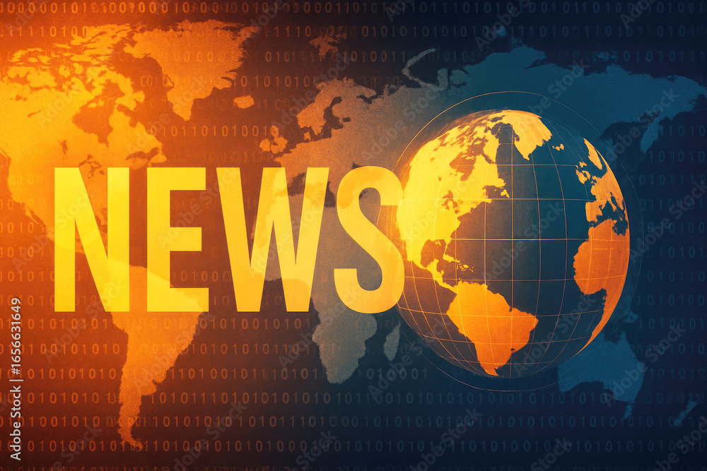 Poster yellow news text and earth globe on orange world map with digital binary code news planet