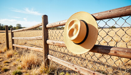 Sun hat hanging on fence with dry grass and clear sky background