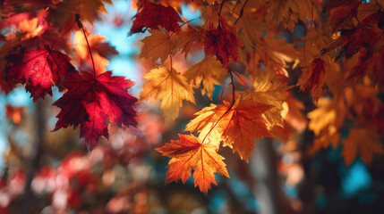 Close-up of vibrant autumn leaves with sunlight, showcasing the season's beauty.
