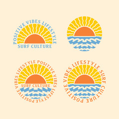 POSITIVE VIBES LIFESTYLE vector vintage surf logo design and illustration design for surf merch
