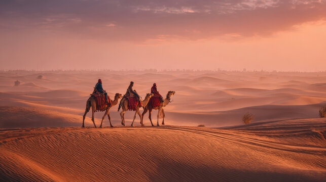 Camels traversing the desert at sunset, painting the landscape with warm hues.