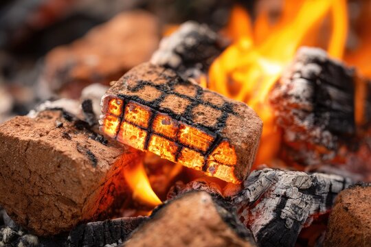 Close-up of glowing embers and flames in a fire pit