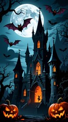 vampire Halloween theme gothic castle background full moon bats eerie shadows vertical composition ultra-detailed