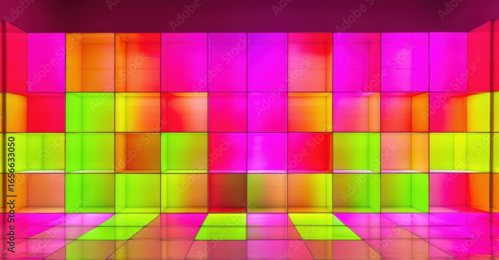 Poster abstract room filled with glowing colorful cubes. bright illumination creates vibrant visual experie
