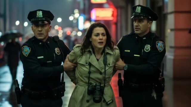 Female photojournalist with camera being arrested by police officers during protest coverage highlighting press freedom restrictions and media censorship concerns worldwide